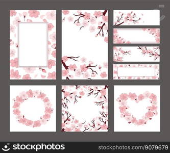 Cherry blossom banner layout. Sakura flowers on branches card template, Japanese spring decorative frames vector illustration set. Exotic oriental banners with round and heart borders. Cherry blossom banner layout. Sakura flowers on branches card template, Japanese spring decorative frames vector illustration set