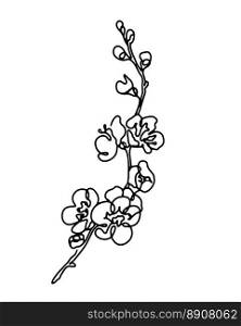 Cherry blossom branch abstract single line art drawing, spring sakura bloom hand drawn monochrome outline vector illustration. 