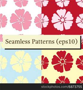 Cherry blossom flowers seamless patterns set. Elegant cherry blossom seamless patterns set in different colors