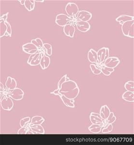 Cherry blossom hand drawn floral seamless pattern on pale pink background. Vector print design with outline delicate flower drawing for textile, fabric, wrapping paper and wallpapers. 