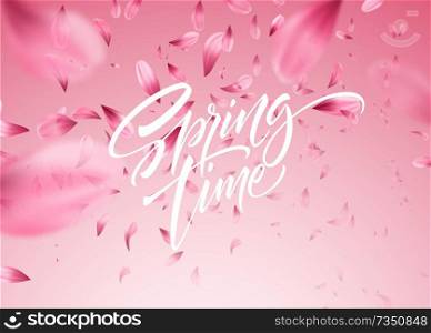 Cherry blossom petal background with Spring time lettering. Vector illustration EPS10. Cherry blossom petal background with Spring time lettering. Vector illustration