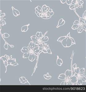 Cherry blossom seamless pattern with blooming flowers, buds and petals line drawing on grey background. Vector romantic floral print design for wedding invitation, textile, wallpaprs, wrapping paper.