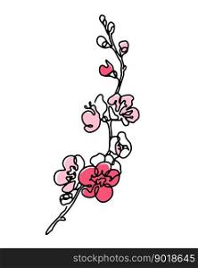 Cherry blossom single line art with abstract pink color spots, spring blooming sakura branch hand drawn monochrome vector illustration.