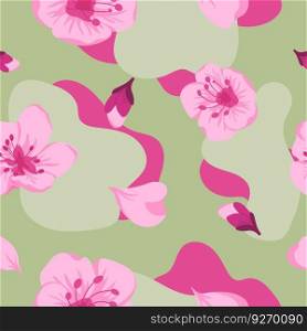 Cherry blossom tree flowers, sakura blooming spring and summer season in Japan. Oriental flora and botany decoration, wallpaper design. Seamless pattern, print or background. Vector in flat style. Blooming sakura tree, cherry blossom print pattern