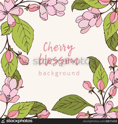 Cherry blossoms pastel background, hand drawn spring flowers.