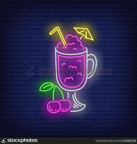 Cherry cocktail in glass neon sign. Restaurant, cafe, drink design. Night bright neon sign, colorful billboard, light banner. Vector illustration in neon style.