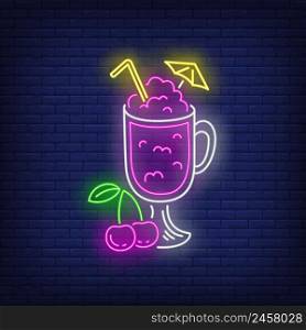 Cherry cocktail in glass neon sign. Restaurant, cafe, drink design. Night bright neon sign, colorful billboard, light banner. Vector illustration in neon style.