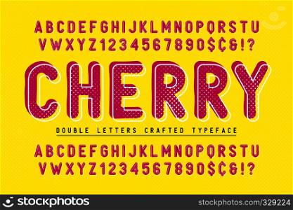 Cherry condensed display font popart design, alphabet, letters and numbers. Swatch color control. Vector illustration, decorative typeset. EPS10. Cherry condensed display font popart design, alphabet