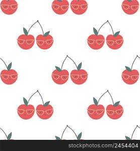 Cherry creative seamless pattern. Funny red characters with happy faces. Vector cartoon illustration in simple hand drawn scandinavian style. Ideal for printing baby products.. Cherry creative seamless pattern. Funny red characters with happy faces. Vector cartoon illustration in simple hand drawn scandinavian style. Ideal for printing baby products