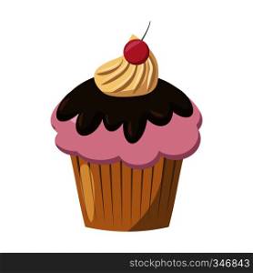 Cherry cupcake with chocolate icing icon in cartoon style isolated on white background. Cherry cupcake icon, cartoon style