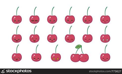 Cherry cute kawaii mascot. Set kawaii food faces expressions smile emoticons.
