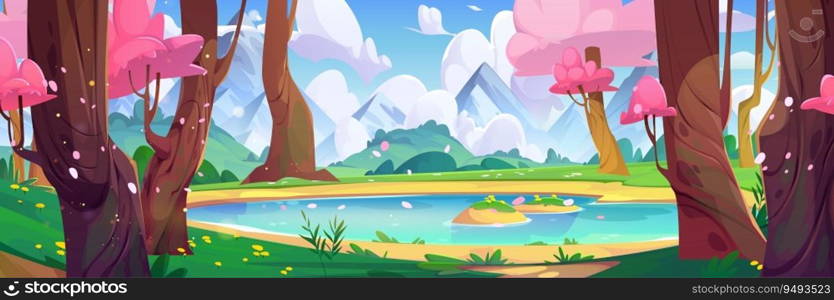 Cherry forest, lake and mountain nature landscape background. Asian sakura park vector scene with pond water, beautiful pink flower and green grass hill outdoor panorama illustration design.. Cherry forest, lake and mountain nature landscape