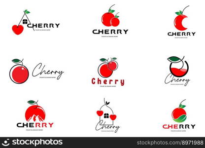 Cherry Fruit logo, Red Colored plant vector illustration, Fruit Shop Design, Company, Sticker, Product Brand