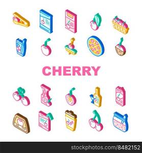 cherry fruit red white berry leaf icons set vector. sour flower, fresh spring branch, blossom sweet food, nature tree, juicy summer ripe cherry fruit red white berry leaf isometric sign illustrations. cherry fruit red white berry leaf icons set vector