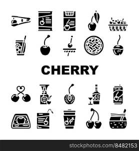 cherry fruit red white berry leaf icons set vector. sour flower, fresh spring branch, blossom sweet food, nature tree, juicy summer ripe cherry fruit red white berry leaf glyph pictogram Illustrations. cherry fruit red white berry leaf icons set vector