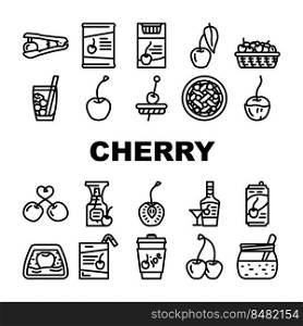 cherry fruit red white berry leaf icons set vector. sour flower, fresh spring branch, blossom sweet food, nature tree, juicy summer ripe cherry fruit red white berry leaf black contour illustrations. cherry fruit red white berry leaf icons set vector