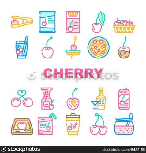 cherry fruit red white berry leaf icons set vector. sour flower, fresh spring branch, blossom sweet food, nature tree, juicy summer ripe cherry fruit red white berry leaf color line illustrations. cherry fruit red white berry leaf icons set vector