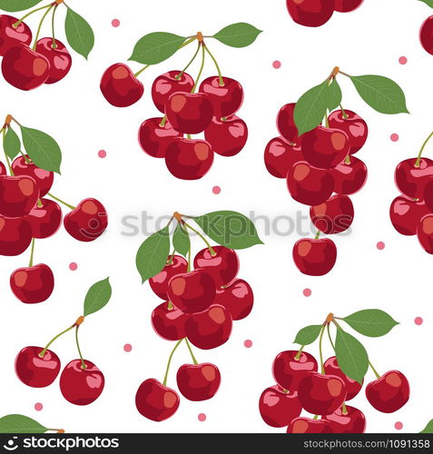 Cherry fruits bunch seamless pattern, Fresh organic food, Red fruits berry pattern on white. Vector illustration.