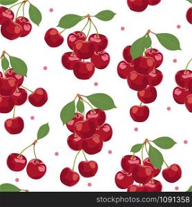 Cherry fruits bunch seamless pattern, Fresh organic food, Red fruits berry pattern on white. Vector illustration.