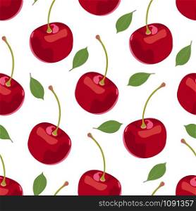 Cherry fruits seamless pattern, Fresh organic food, Big red fruits berry pattern on white. Vector illustration.