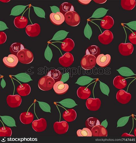 Cherry fruits seamless pattern, Fresh organic food, Red fruits berry pattern on black. Vector illustration.