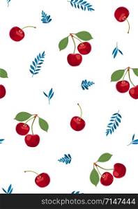 Cherry fruits seamless pattern with cute leaves, Fresh organic food, Red fruits berry pattern on white. Vector illustration.