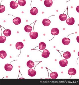 Cherry fruits seamless pattern with dot, Fresh organic food, Pink fruits berry pattern on white. Vector illustration.