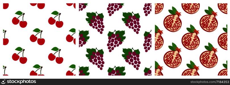 Cherry, grapes and garnet. Garden fruit and berry seamless pattern set. Fashion design. Food print for clothes, linens or curtain. Hand drawn vector sketch background collection