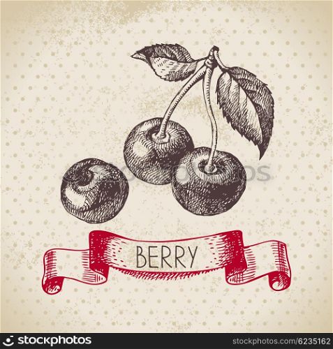 Cherry. Hand drawn sketch berry vintage background. Vector illustration of eco food