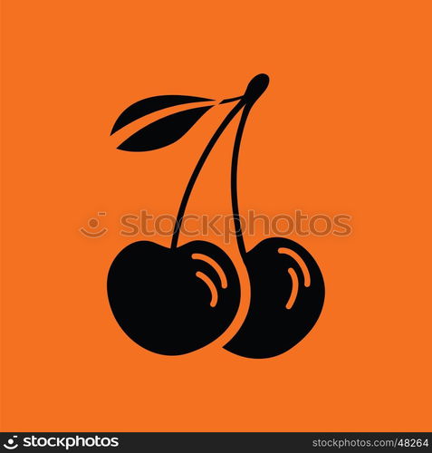 Cherry icon. Orange background with black. Vector illustration.