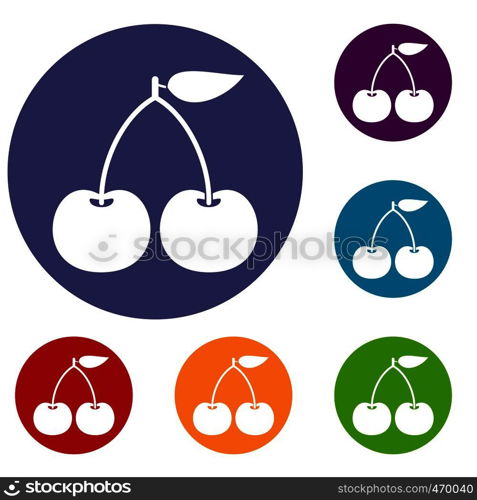 Cherry icons set in flat circle reb, blue and green color for web. Cherry icons set