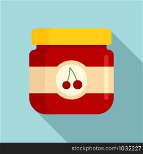 Cherry jam jar icon. Flat illustration of cherry jam jar vector icon for web design. Cherry jam jar icon, flat style
