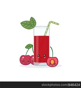 cherry juice. Cute kawai smiling cartoon juice with slices in a glass with juice straw.