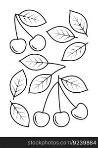 Cherry leaves and cherry fruits vector line icons. Nature and ecology. Cherry, leaf, plant, vector, icons, drawing. Isolated icon of leaves cherry for websites on white background.