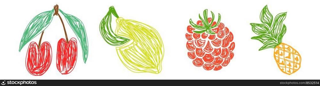 Cherry, lemon, raspberry and pineapple. Fruit sketch set. Hand drawn vector illustration. Pen or marker doodle.