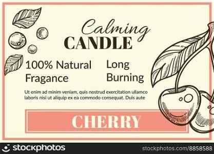 Cherry natural fragrance of long burning and 100 percent organic smell of calming candles. Spa salon and treatment. Monochrome sketch outline, package for product. Promo banner, vector in flat style. Calming candle, cherry scent natural fragrance