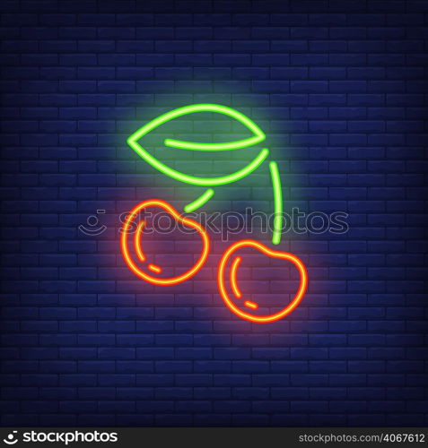 Cherry neon sign design element. Gambling concept for night bright advertisement. Vector illustration in neon style for online casino, game, slot machine