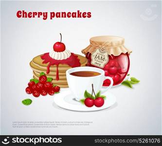 Cherry Pancakes Illustration. Cherry pancakes with jar of jam cup of tea flower and berries on grey background vector illustration