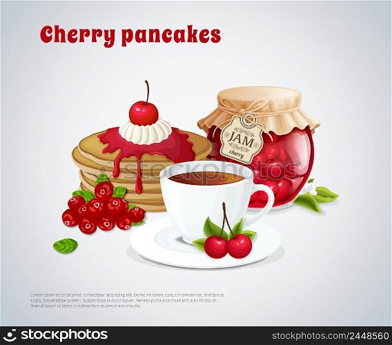 Cherry pancakes with jar of jam cup of tea flower and berries on grey background vector illustration. Cherry Pancakes Illustration