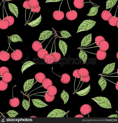 Cherry pattern. Vector seamless background with healthy fruits natural colored products. Seamless healthy fruit, summer cherry organic pattern illustration. Cherry pattern. Vector seamless background with healthy fruits natural colored products