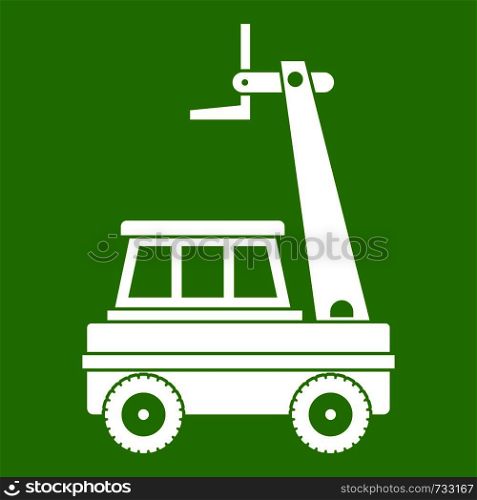 Cherry picker icon white isolated on green background. Vector illustration. Cherry picker icon green