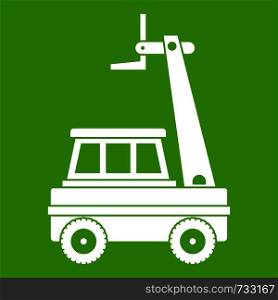 Cherry picker icon white isolated on green background. Vector illustration. Cherry picker icon green
