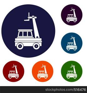 Cherry picker icons set in flat circle red, blue and green color for web. Cherry picker icons set