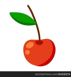 Cherry. Red berry with twig and a leaf. Sweet, fresh food. Flat cartoon illustration isolated on white. Cherry. Red berry with twig