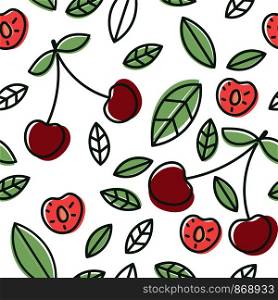 Cherry seamless pattern. Hand drawn fresh berry. Multicolored vector sketch background. Colorful doodle wallpaper. Red and green print