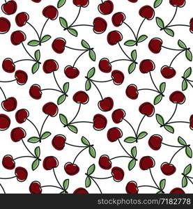 Cherry seamless pattern. Hand drawn fresh berry. Vector sketch background. Color doodle wallpaper. Bright print