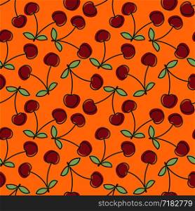 Cherry seamless pattern. Hand drawn fresh berry. Vector sketch background. Color doodle wallpaper. Bright print