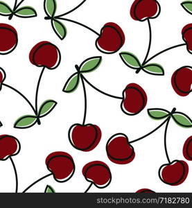 Cherry seamless pattern. Hand drawn fresh berry. Vector sketch background. Color doodle wallpaper. Bright print