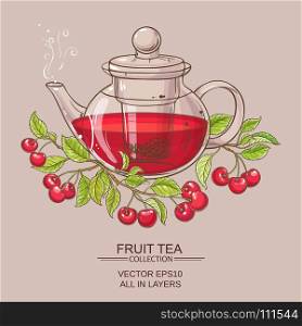 cherry tea illustration. cherry tea in teapot on color background