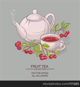 cherry tea illustration. cup of cherry tea and teapot on color background